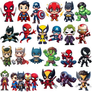 May include: A collection of cartoon superhero figures, including Batman, Superman, Spider-Man, and Captain America. Each character is depicted in a chibi style with vibrant colors and distinct features, perfect for fans of comic books and pop culture.