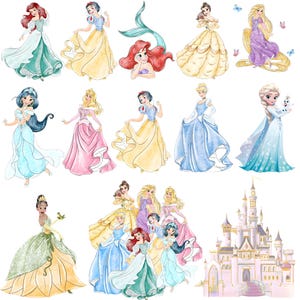 May include: Watercolor illustrations of various Disney princesses in their iconic gowns. The image includes Ariel, Snow White, Cinderella, Jasmine, Aurora, Belle, Rapunzel, and Elsa, along with a castle.