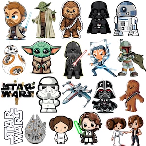 May include: A collection of Star Wars character stickers. The stickers feature characters like Darth Vader, Yoda, Chewbacca, and R2-D2. The stickers are colorful and cartoon-like, with a white border.