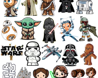 Star Wars Bundle SVG Files, Chibi Star Wars Clipart, Lightsaber Sticker, Star Wars Retro Png, Sublimation Designs, Mandalorian Png