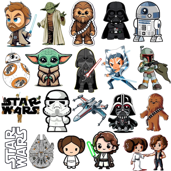Star Wars Bundle SVG Files, Chibi Star Wars Clipart, Lightsaber Sticker, Star Wars Retro Png, Sublimation Designs, Mandalorian Png