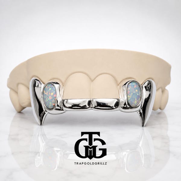 Custom 6pcs Opal Stones with Fangs Grillz: 925 Sterling Silver (Free Mold Kit)