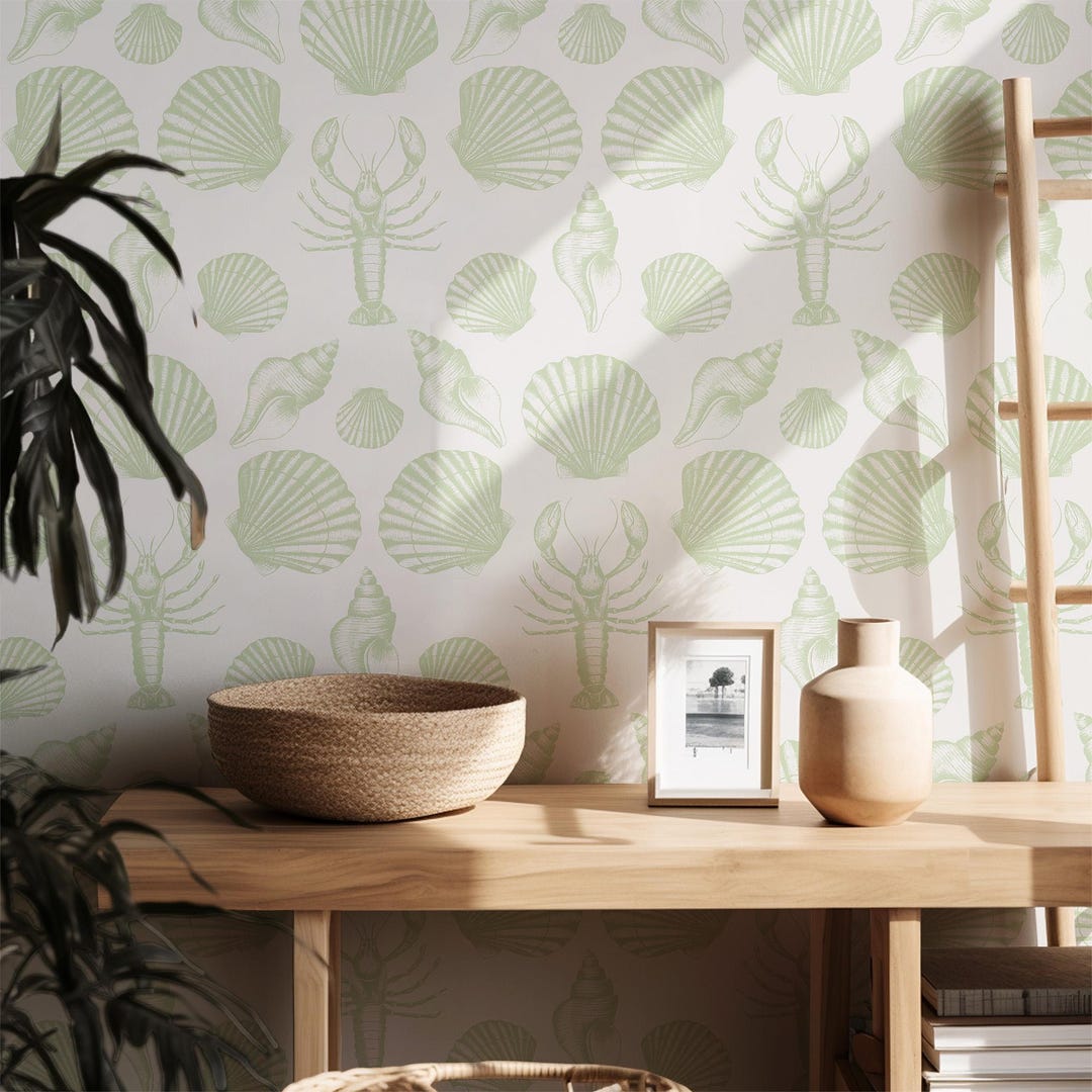 Sage Green Wallpaper Beach House | Coastal Seashell Wallpaper Peel and ...