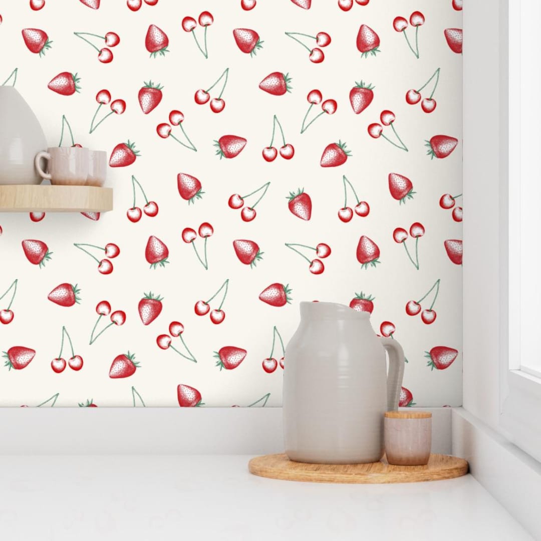 Strawberry Cherry Wallpaper - Retro Fruit Peel and Stick Wallpaper ...
