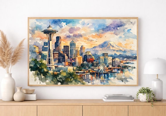 Framed Seattle Skyline Watercolor Print - Seattle watercolor art print