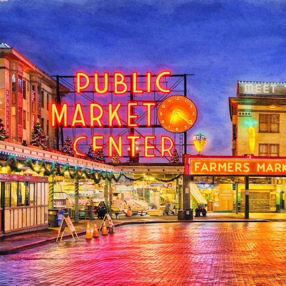 Seattle Pike Place Market Watercolor Print - Seattle watercolor art print