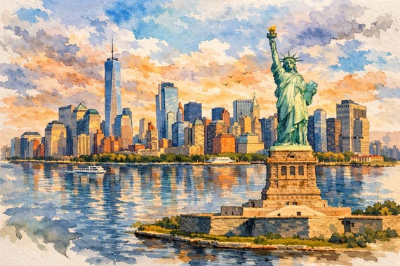 NYC Skyline Watercolor Print – Statue of Liberty - New York watercolor art print