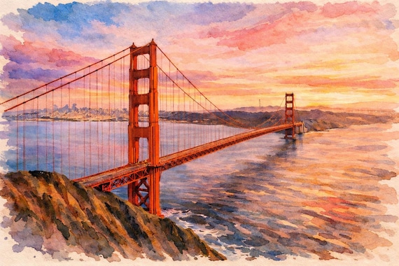 San Francisco Golden Gate Bridge Watercolor Wall Art - San Francisco watercolor art print