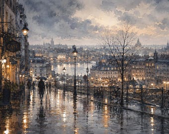 Rainy Paris Watercolor Print | Moody Cityscape Wall Art | Montmartre Café Decor
