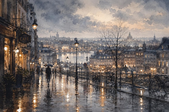 Rainy Paris Watercolor Print - Paris watercolor art print