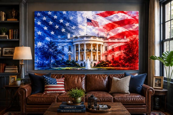 Patriotic White House Canvas Print - Washington DC watercolor art print