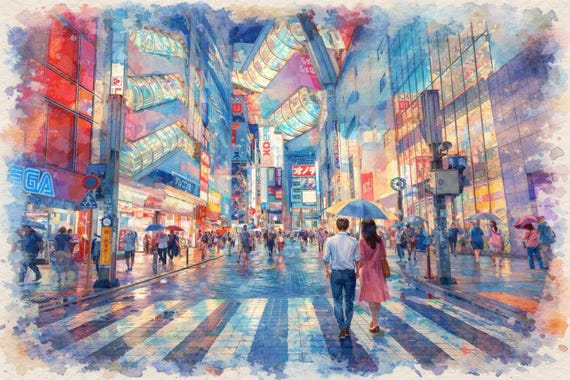Neon Tokyo Watercolor Print - Tokyo watercolor art print