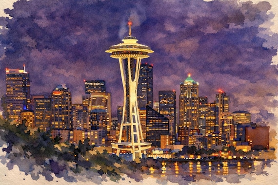 Seattle Space Needle Watercolor Print - Seattle watercolor art print