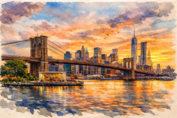 Brooklyn Bridge Watercolor Print - New York watercolor art print