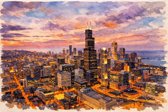 Chicago Cityscape Watercolor Print - Chicago watercolor art print