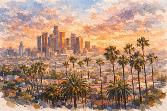 Los Angeles Skyline Watercolor Print - Los Angeles watercolor art print