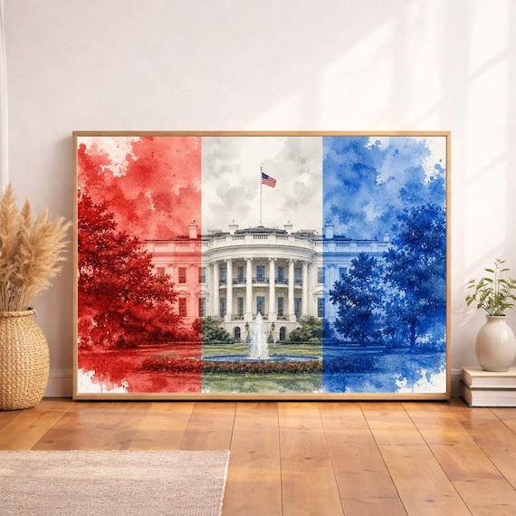 White House American Flag Red White Blue Wall Art Print - Washington DC watercolor art print