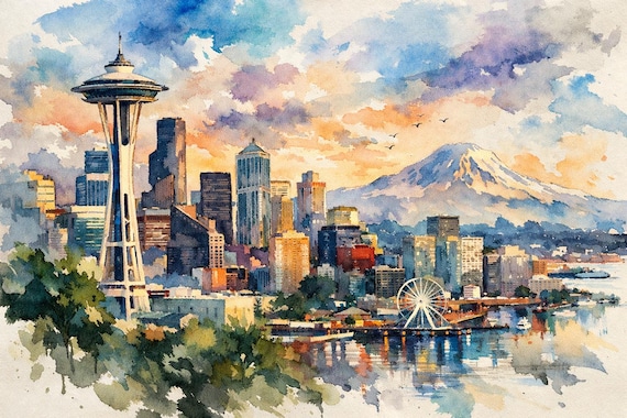 Seattle Watercolor Print - Seattle watercolor art print