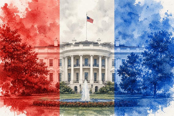 White House American Flag Red White Blue Wall Art Print - Washington DC watercolor art print