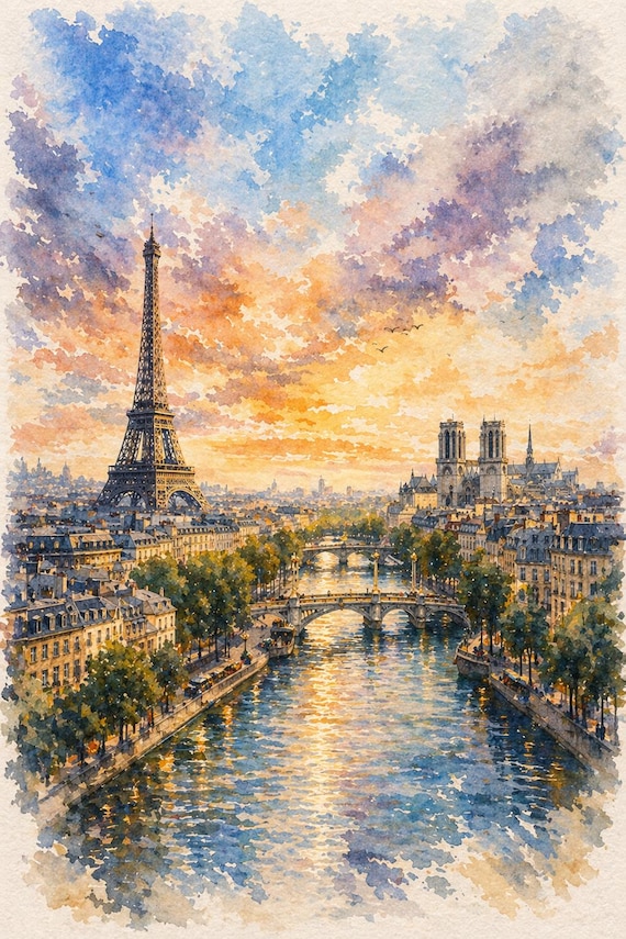 Eiffel Tower Vertical Watercolor Print - Paris watercolor art print