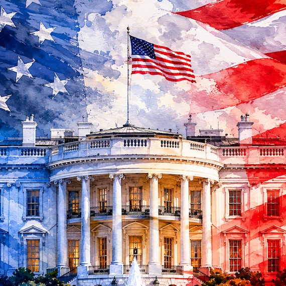 Patriotic White House Watercolor Print - Washington DC watercolor art print