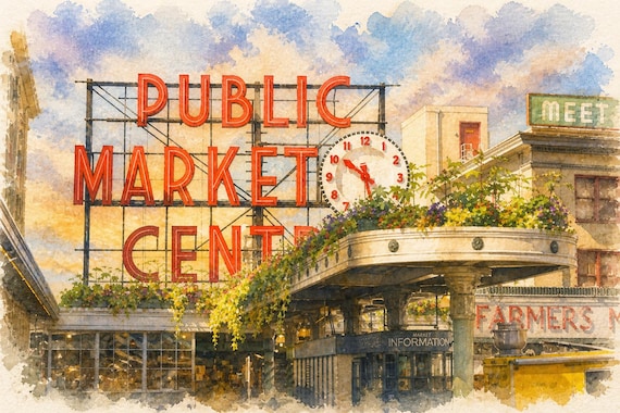 Seattle Pike Place Market Watercolor Print - Seattle watercolor art print