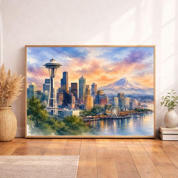 Seattle Skyline Watercolor Print - Seattle watercolor art print