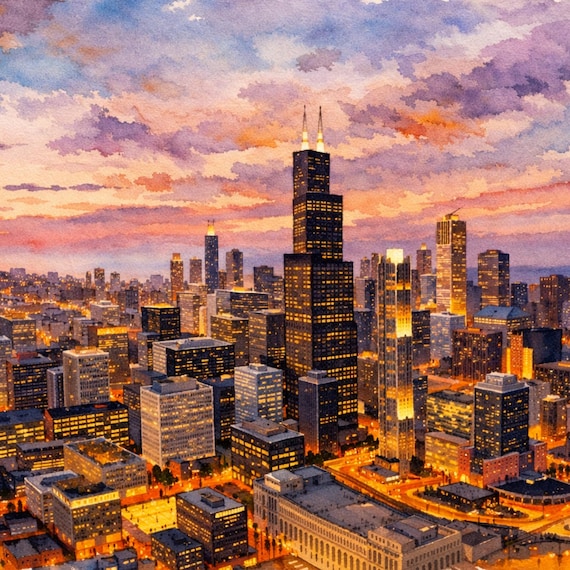 Chicago Cityscape Watercolor Print - Chicago watercolor art print
