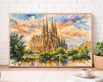 サグラダ ファミリア水彩画: バルセロナ スカイライン アート - Etsy 日本