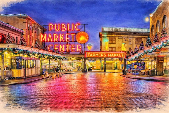 Seattle Pike Place Market Watercolor Print - Seattle watercolor art print