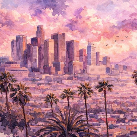 Los Angeles Sunset Watercolor Print - Los Angeles watercolor art print
