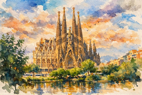 Sagrada Familia Watercolor Print - Barcelona watercolor art print