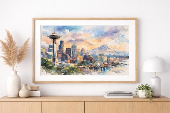 Framed Seattle Skyline Watercolor Print - Seattle watercolor art print