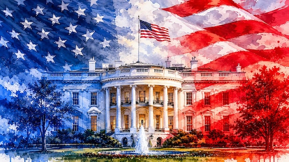 Patriotic White House Watercolor Print - Washington DC watercolor art print