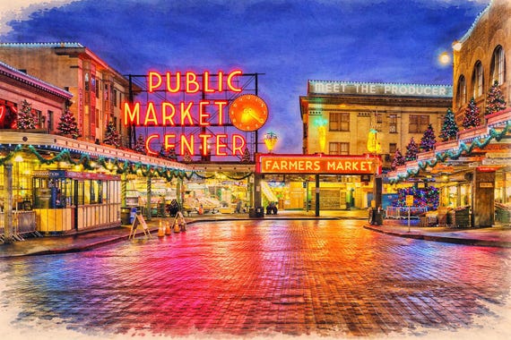 Pike Place Canvas Market Seattle Watercolor - Seattle watercolor art print