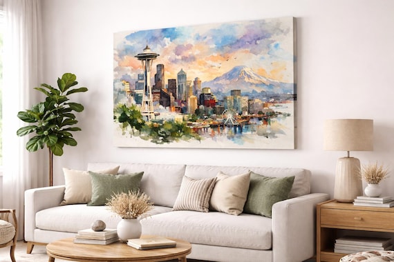 Seattle Skyline Canvas - Seattle watercolor art print