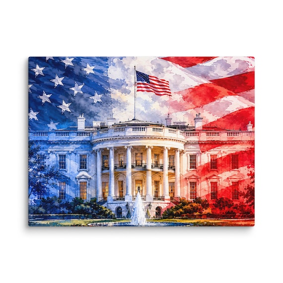 Patriotic White House Canvas Print - Washington DC watercolor art print