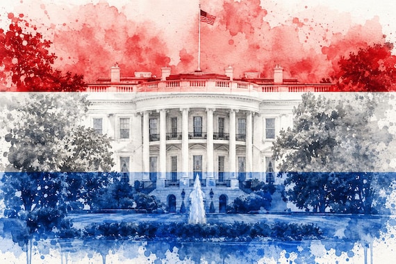 Patriotic White House Watercolor Print - Washington DC watercolor art print