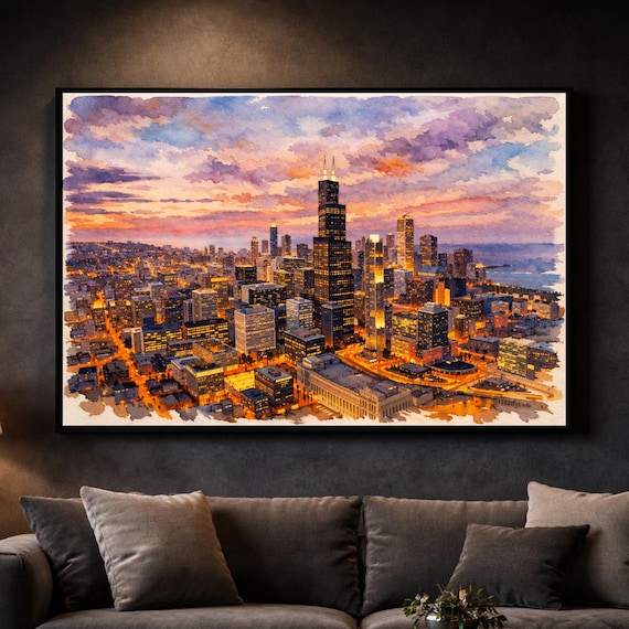 Chicago Cityscape Watercolor Print - Chicago watercolor art print