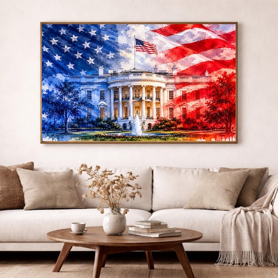 Patriotic White House Watercolor Print - Washington DC watercolor art print