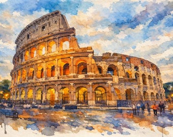 Impressão em aquarela do Coliseu de Roma | Pintura de paisagem urbana italiana | Decoração de viagem a Roma | Arte de parede com paisagem