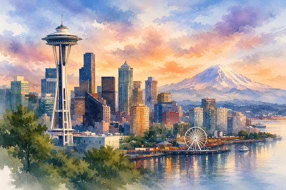 Seattle Watercolor Wall Art - Seattle watercolor art print