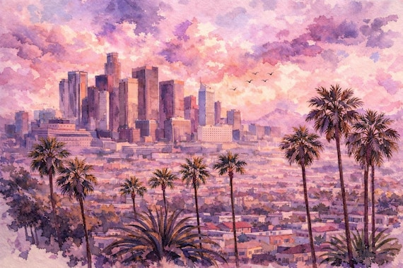 Los Angeles Skyline Watercolor Print - Los Angeles watercolor art print
