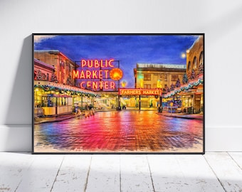 Seattle Pike Place Market Watercolor Print, Seattle Cityscape Painting, Pacific Northwest Travel Art