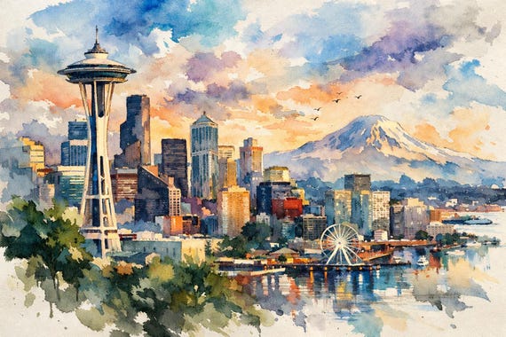 Seattle Skyline Canvas - Seattle watercolor art print