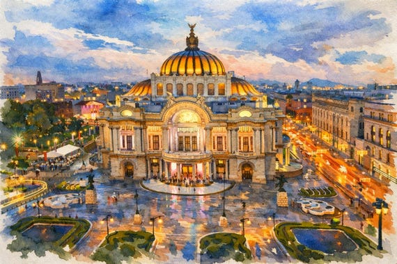 Palacio de Bellas Artes Watercolor Print - Mexico City watercolor art print