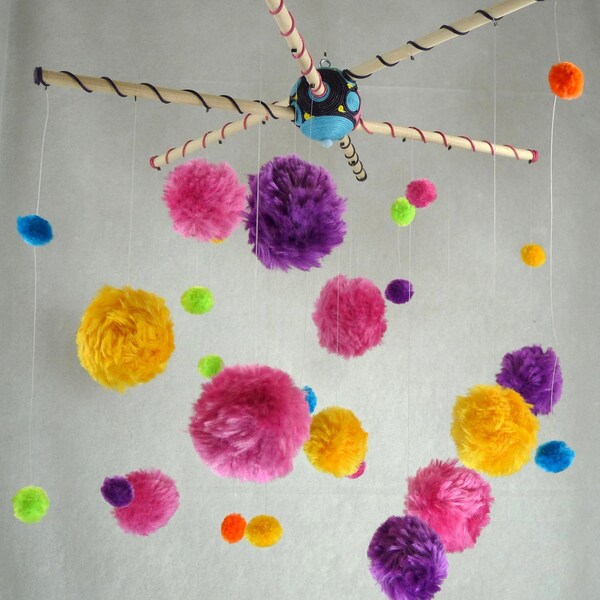 Colorful pom poms mobile/baby, girl/purple-blue-pink-yellow-green-orange/fun