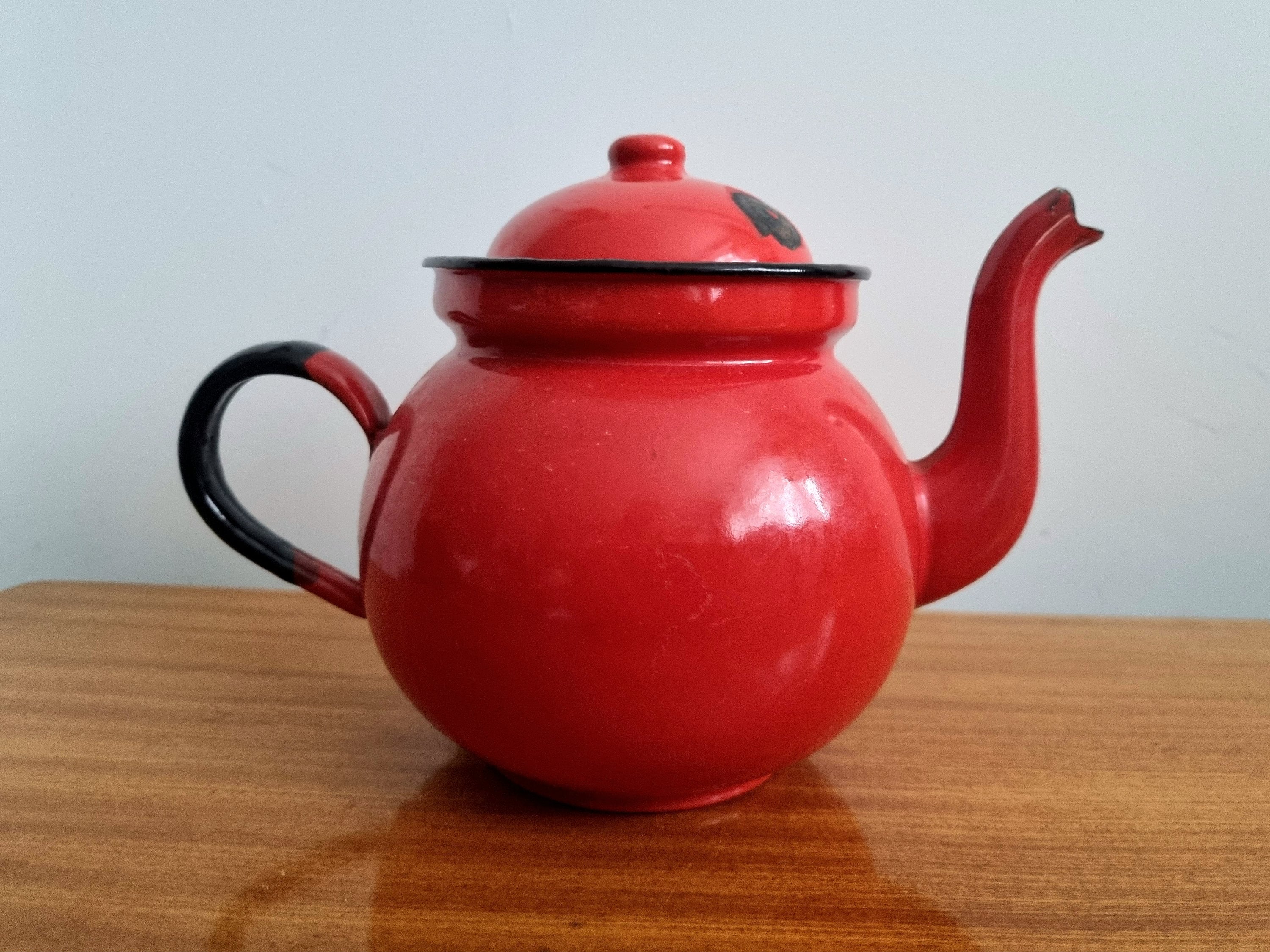 Vintage Teapot Enamelware Graniteware Red Kettle made in Poland AS