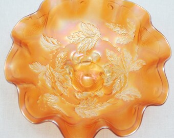 Orange Carnival Glass Bowl: Scalloped Edge Leaf Pattern, Mid Century Decor