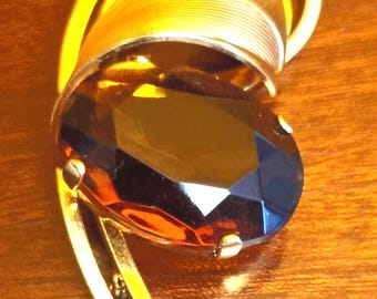 Gold Swirl Brooch: Amber Glass Stone, Mid-Century Costume Jewelry